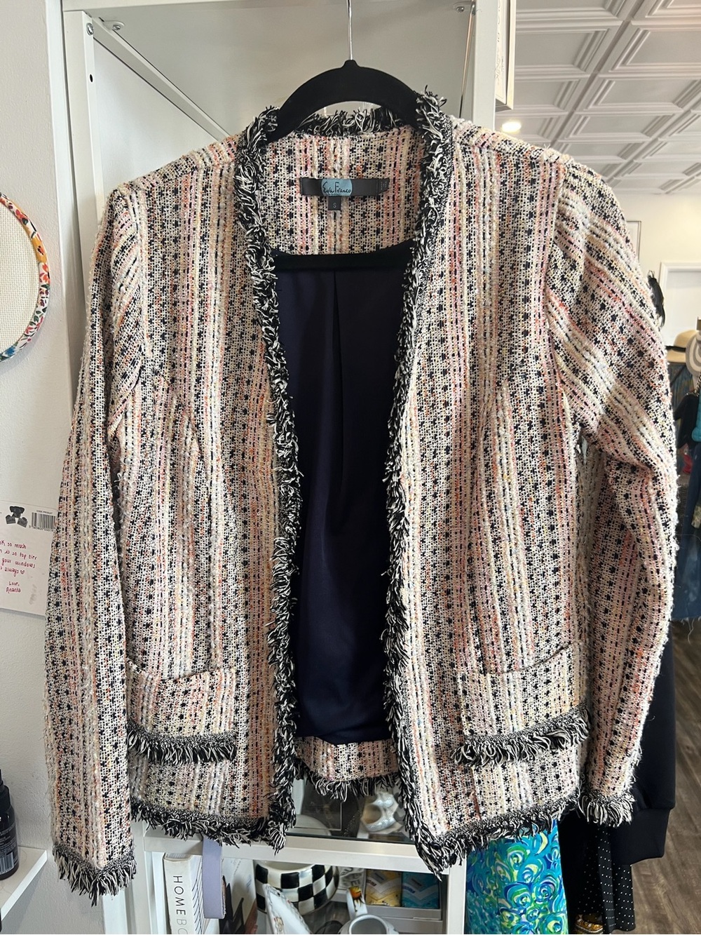 Eva Franco Pink Tweed Fringe Open-Front Jacket